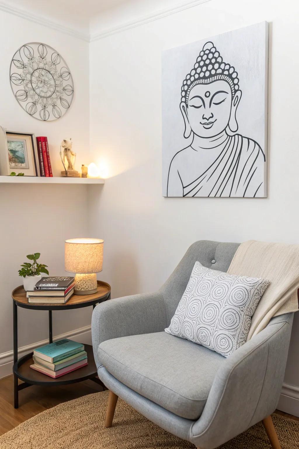 Minimalist line art Buddha painting brings calmness to this cozy reading nook.