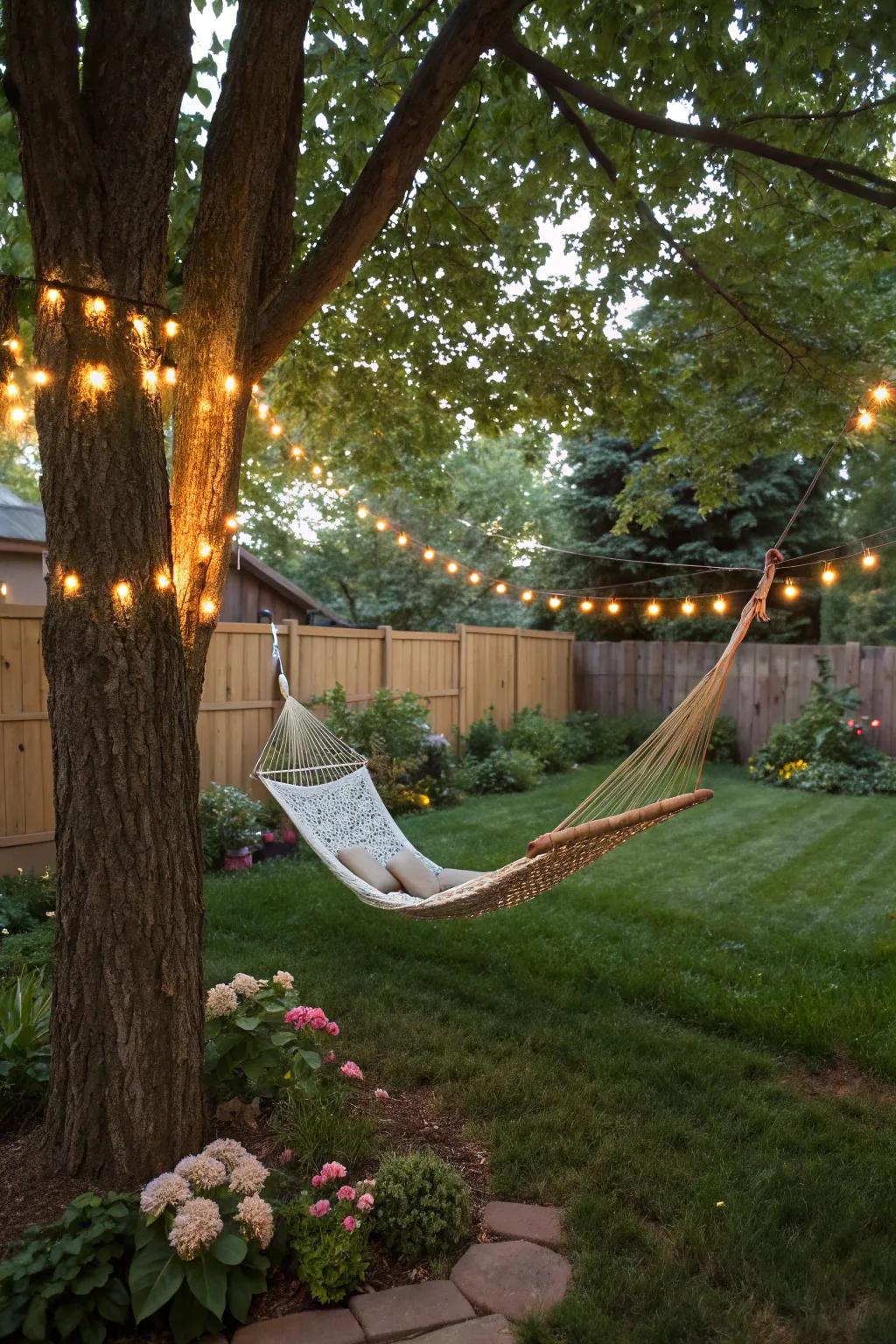 A hammock nook is the perfect spot for relaxation in a small backyard.