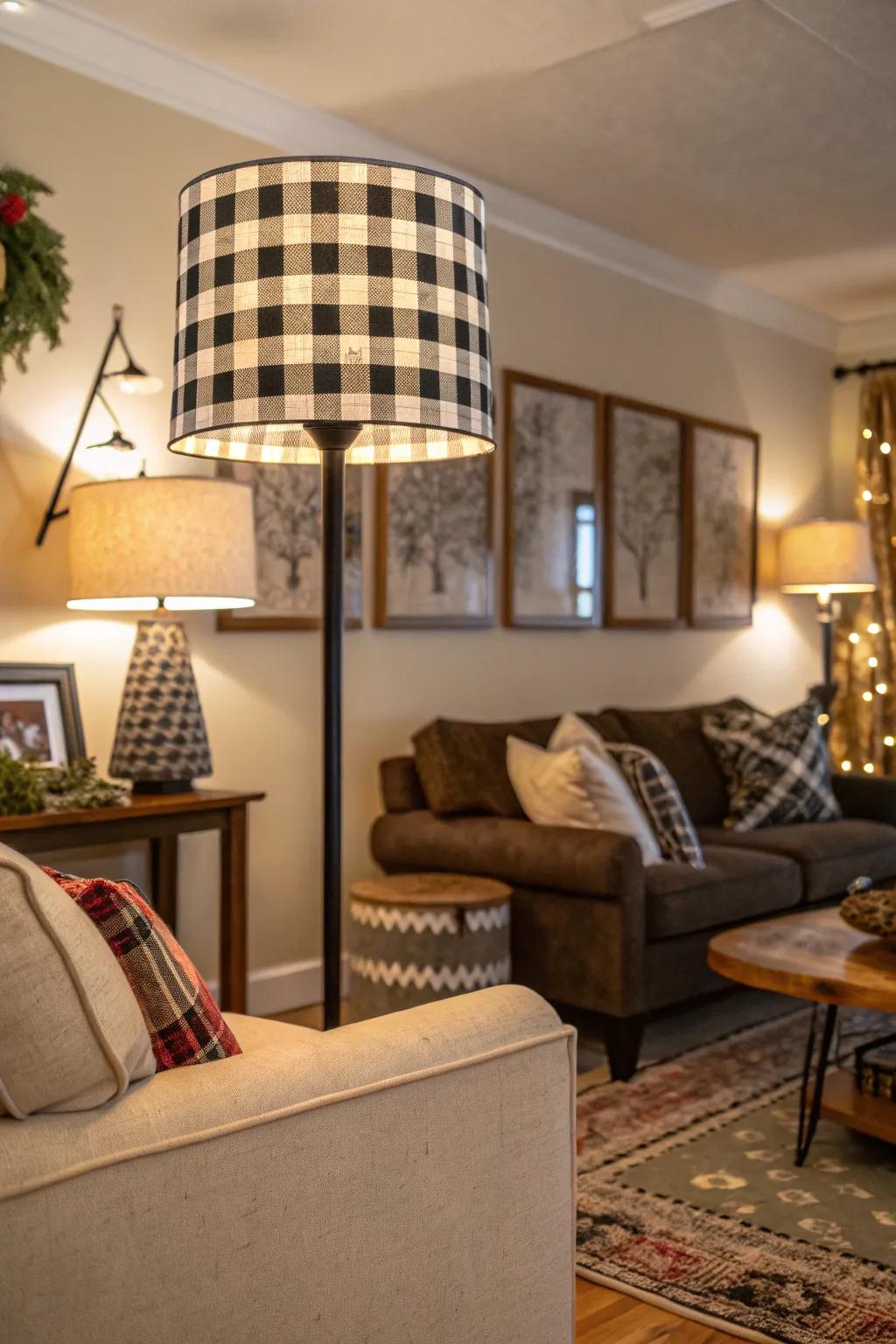 A buffalo plaid lampshade adds a whimsical touch to lighting.