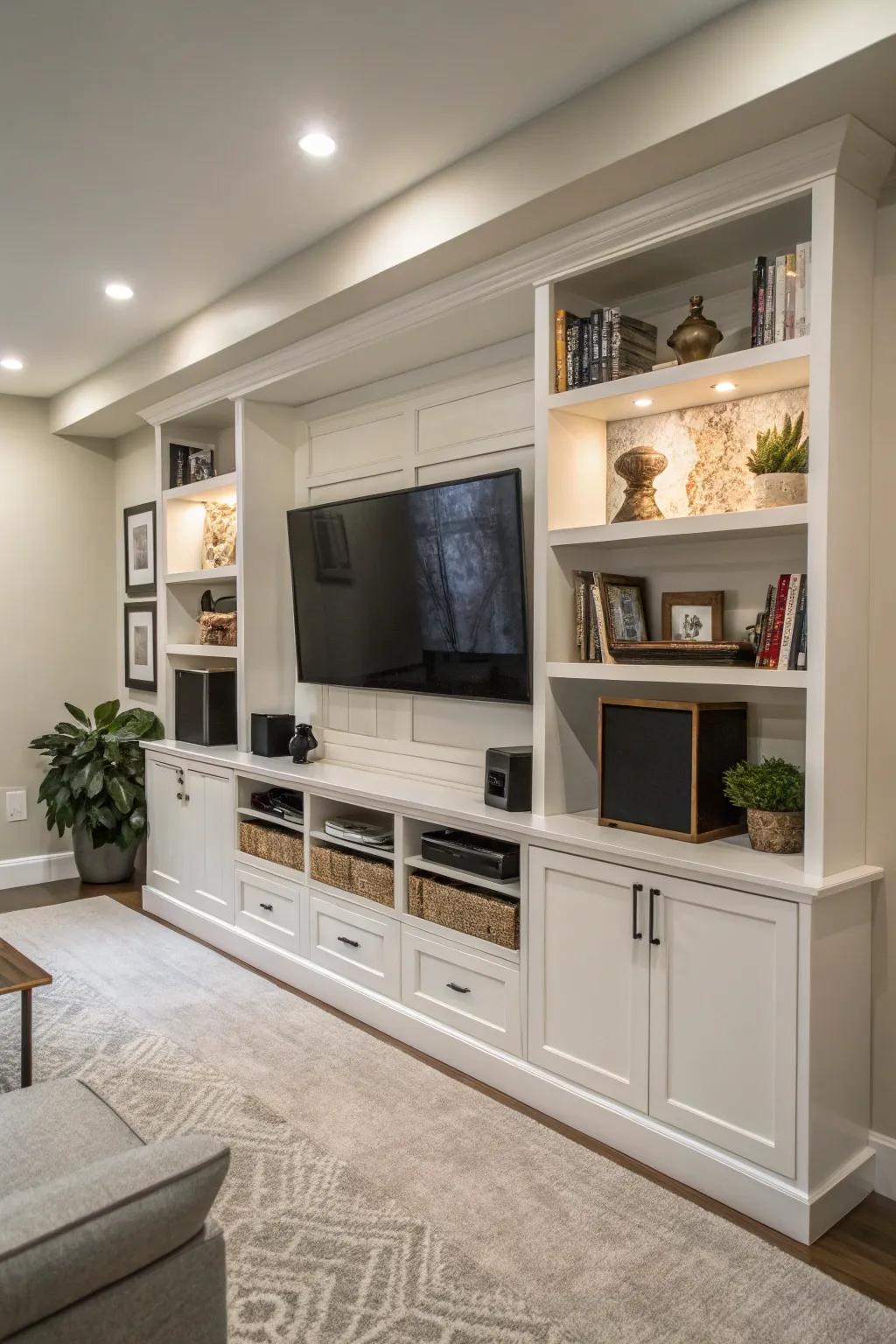 A built-in entertainment center keeps your gadgets organized and stylish.