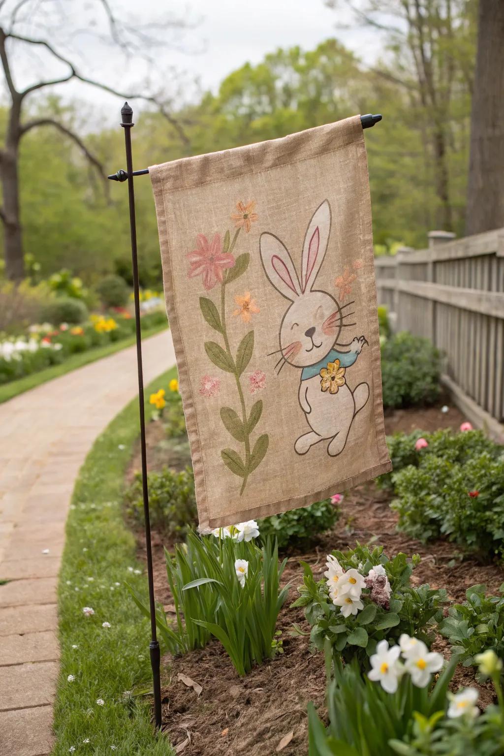 This burlap bunny flag adds rustic charm to your garden.