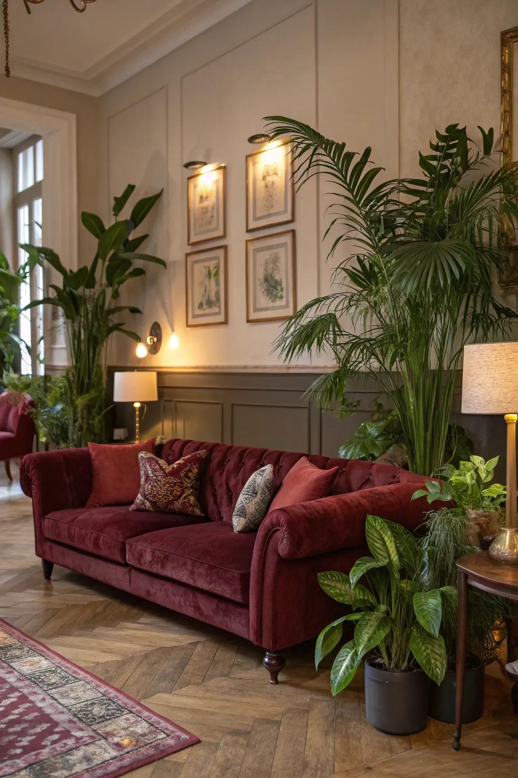 Greenery brings vibrancy and contrast to this burgundy-themed space.