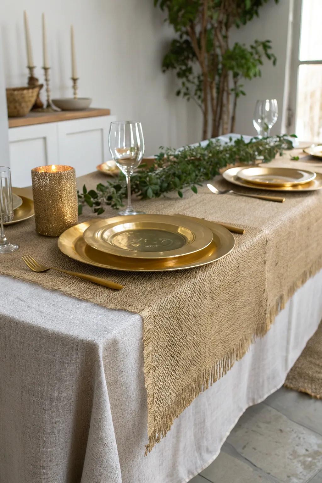 Elevate your table setting with the stunning contrast of burlap and gold for a chic, rustic touch.