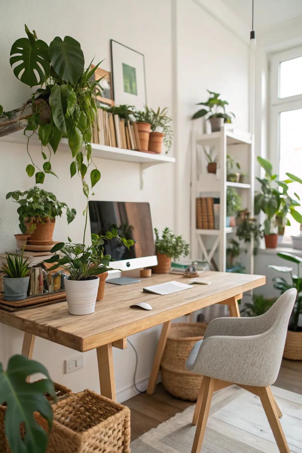 A butcher block desk enhanced by lush greenery.