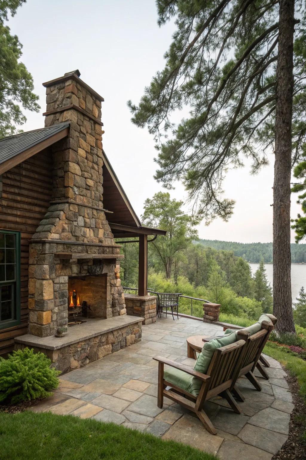 An outdoor fireplace creating a warm and inviting patio space.