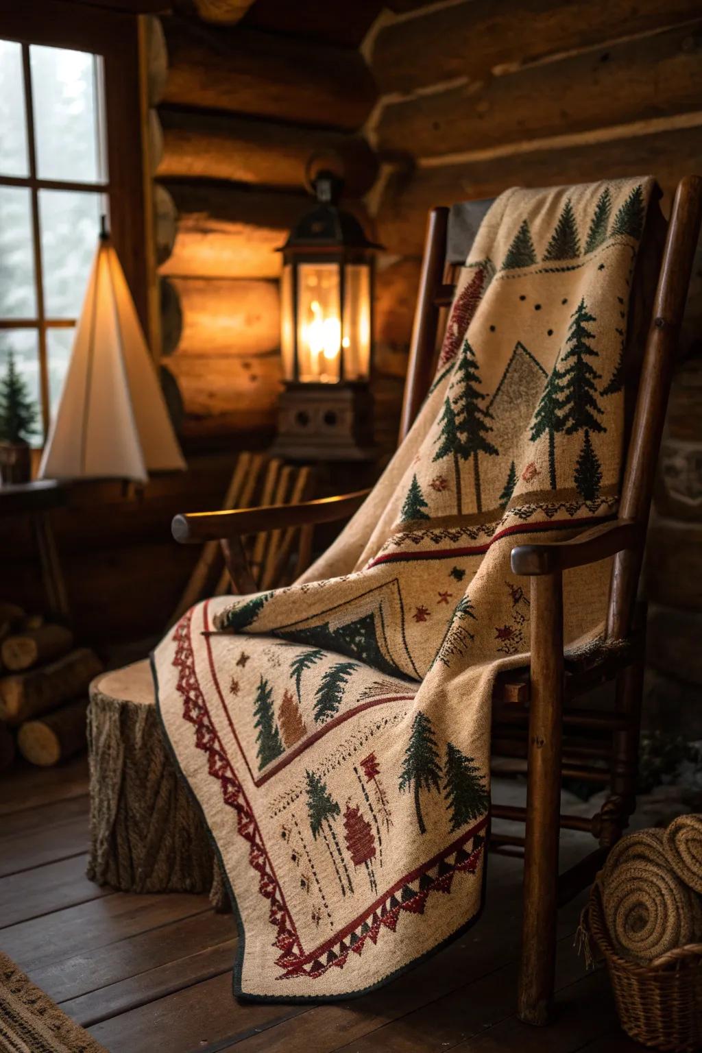 Wrap yourself in warmth and adventure with this handcrafted camping motif blanket, perfect for starry nights in the cabin.