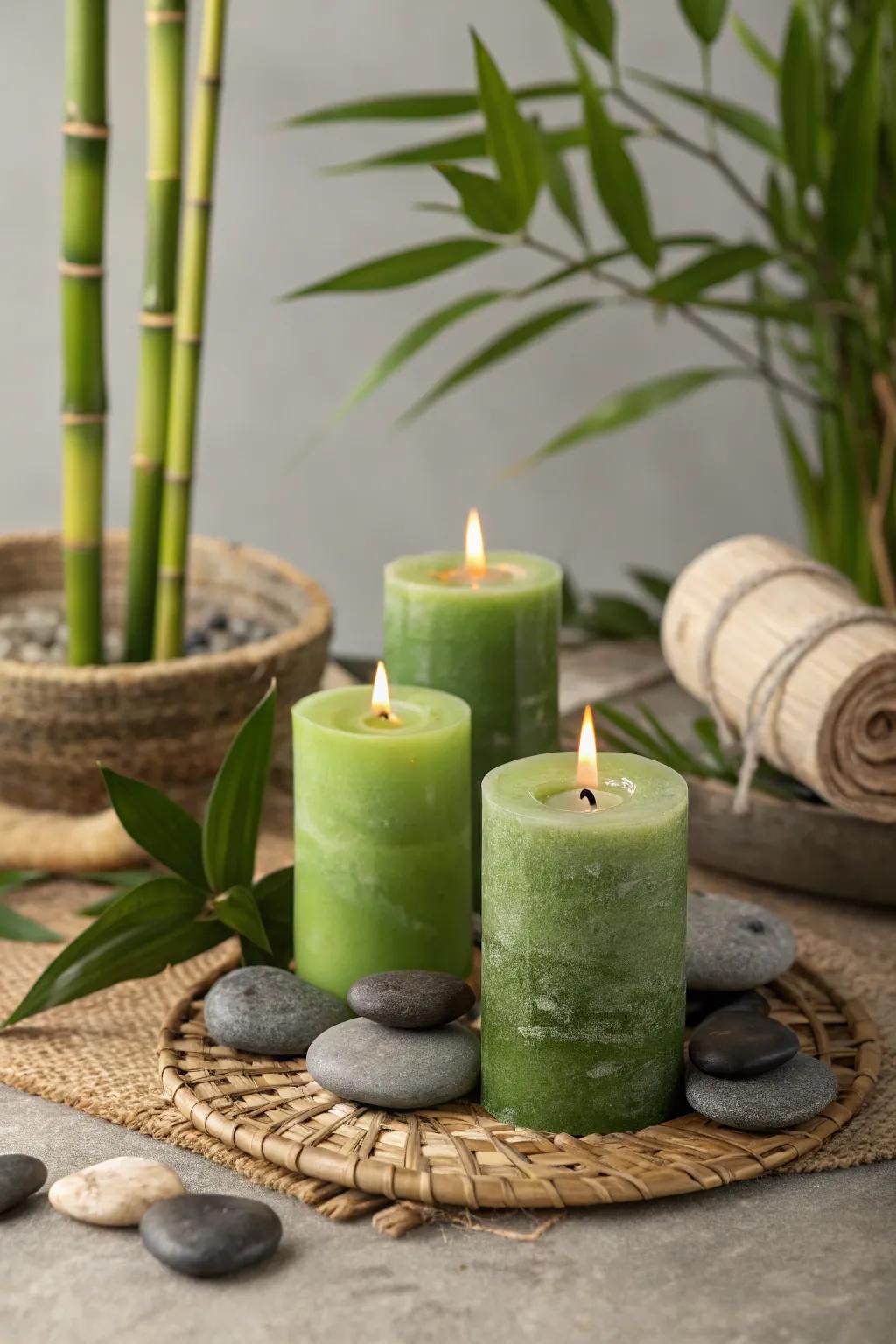 Find inner peace with an eco-friendly and zen-inspired candle arrangement.