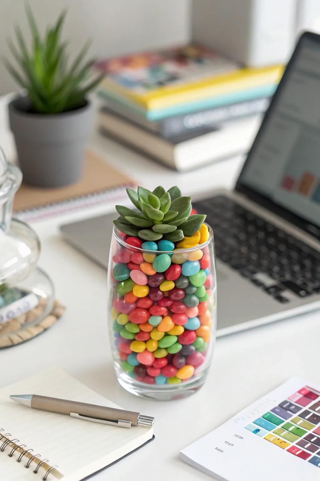 A candy and succulent vase blends modern style with playful color.