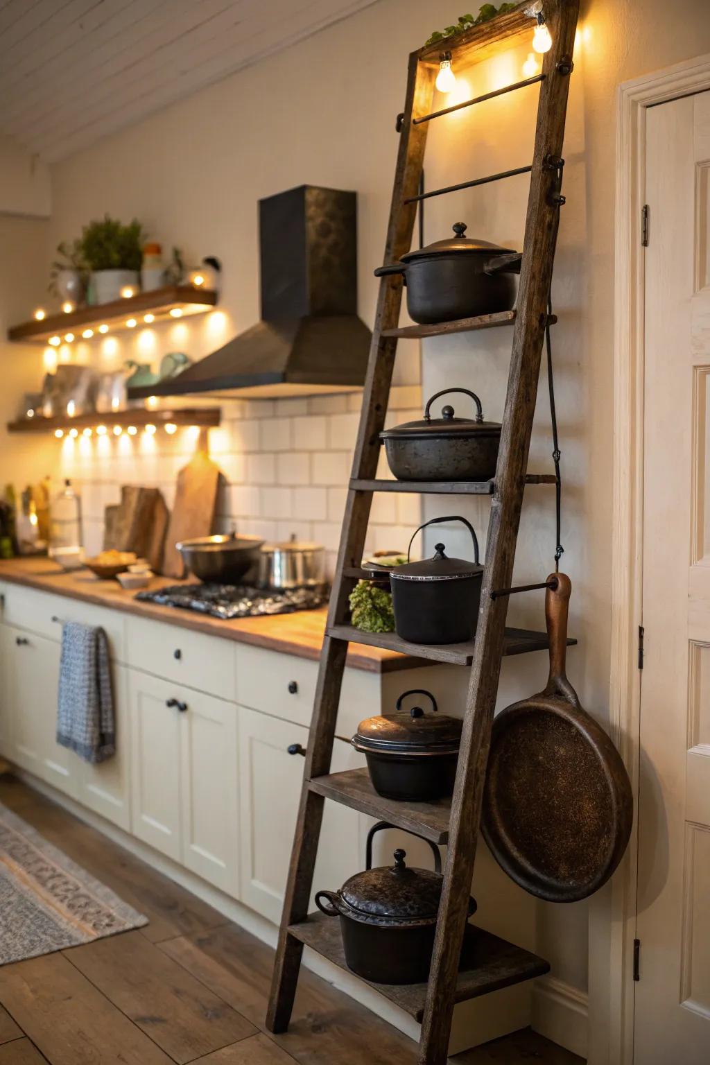 Decorative ladder used to hang cast iron cookware.