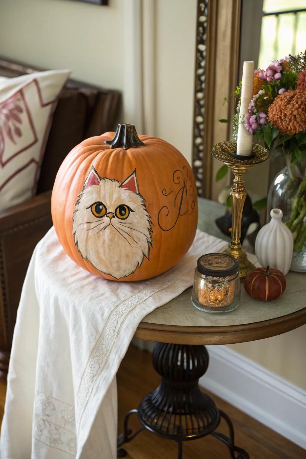 A Persian cat pumpkin brings elegance to your decor.