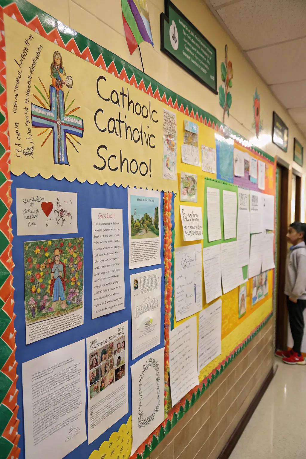 A bulletin board celebrating the spirit of Catholic schools.