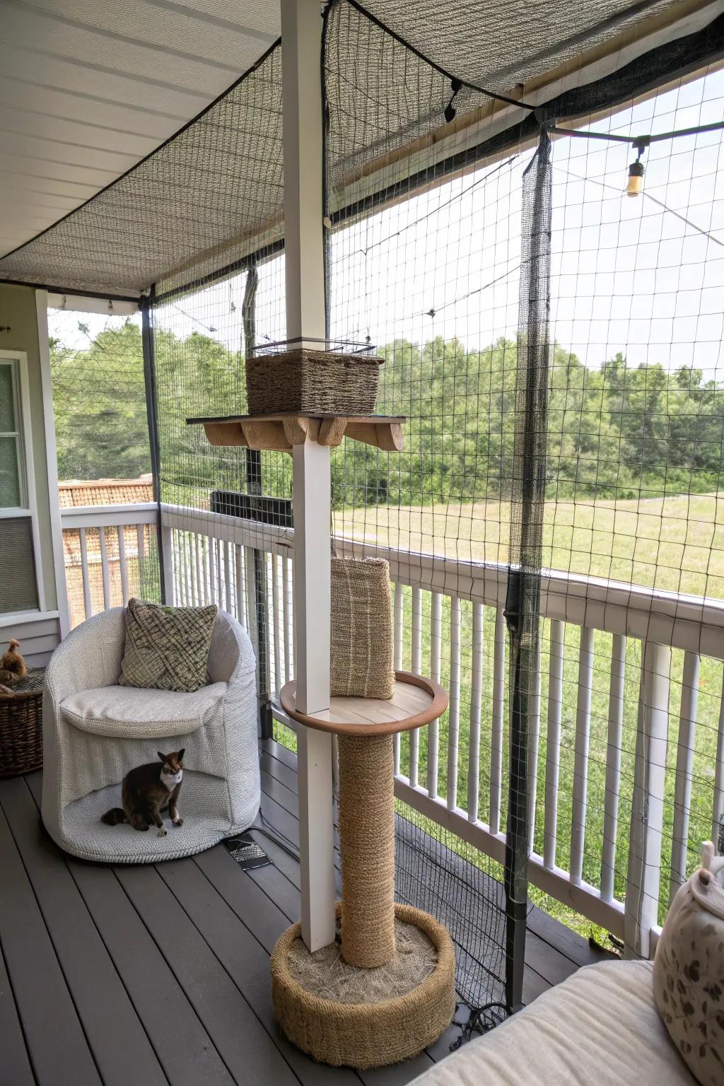 A porch catio with mosquito netting and cat-friendly furniture.