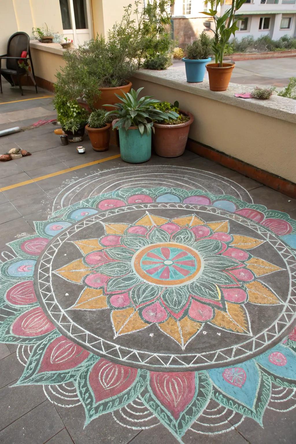 Chalk mandalas bring a touch of zen to outdoor spaces.