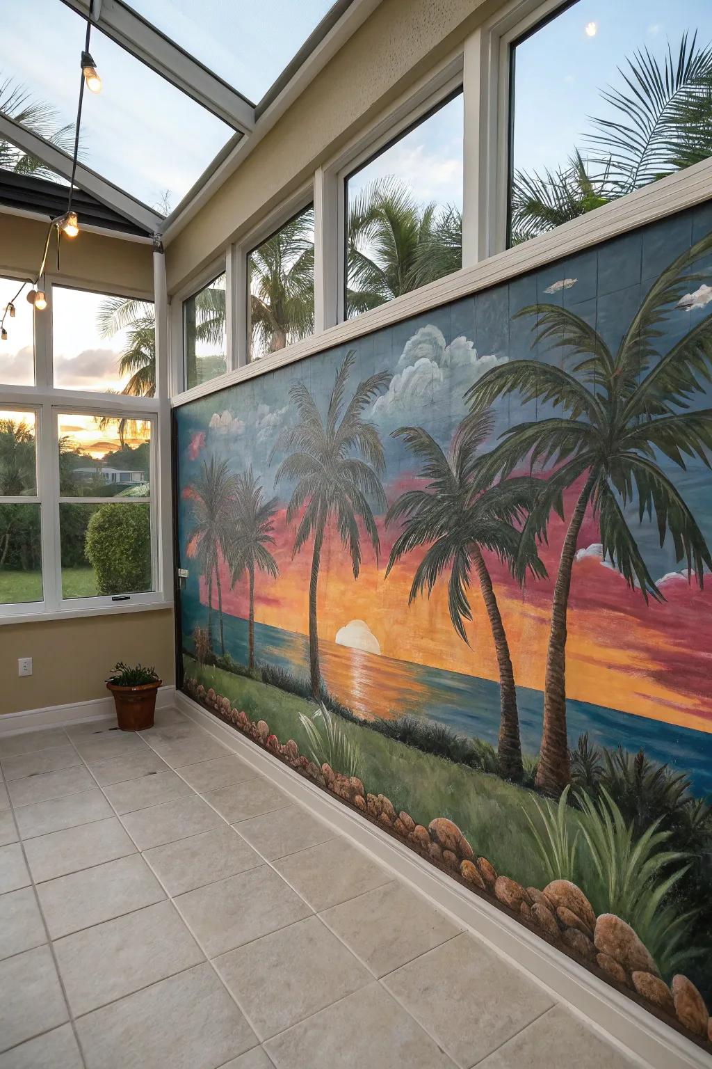 Escape to paradise with a tropical-themed chalk mural.