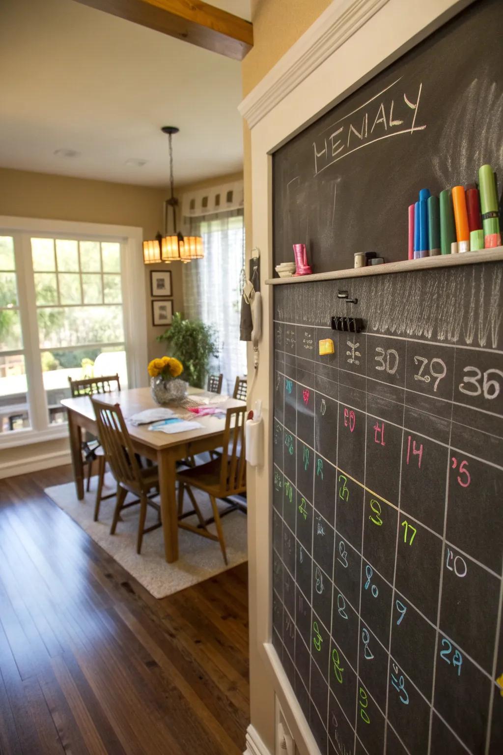 A chalkboard calendar wall keeps the family organized in style.