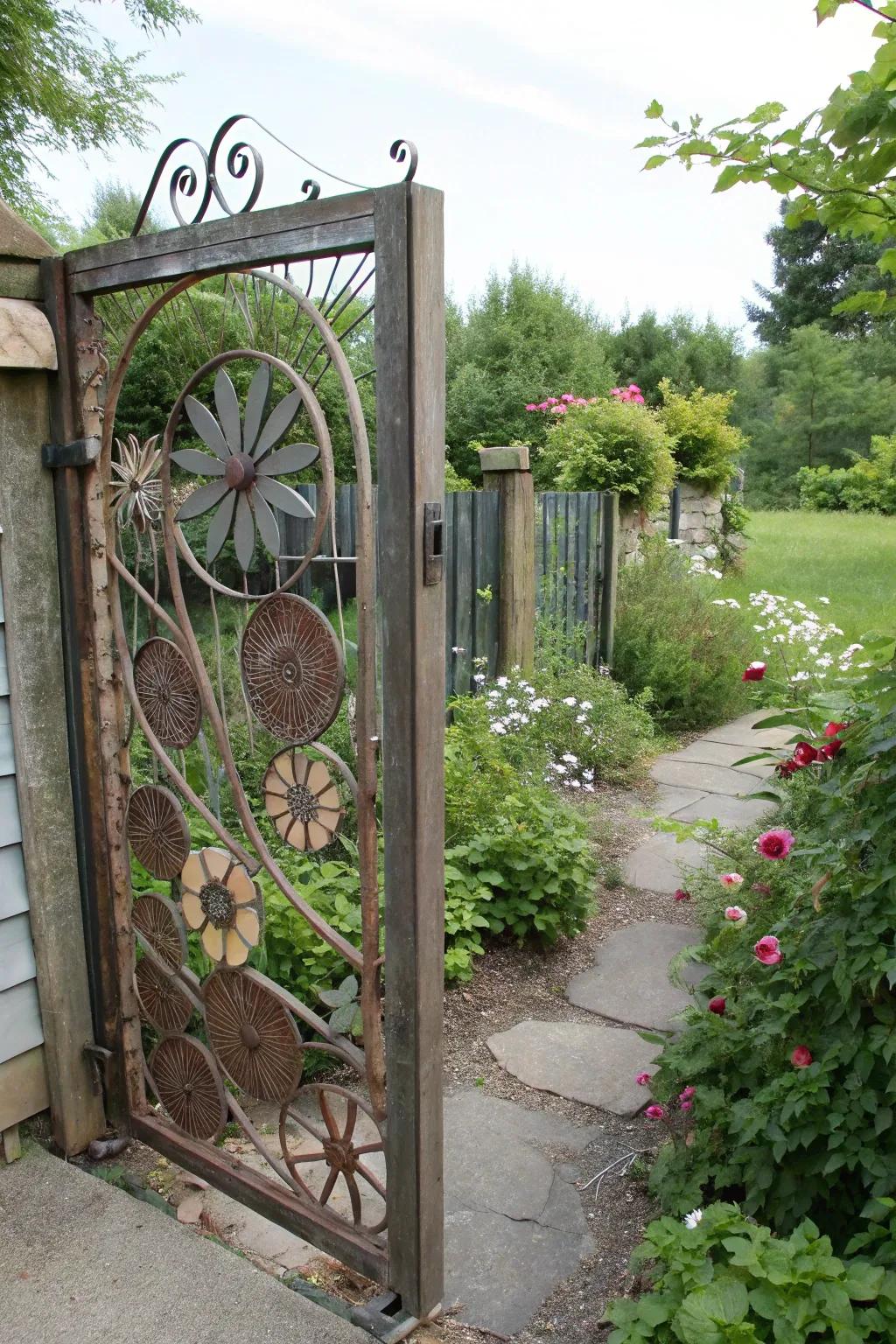 A unique garden gate crafted from recycled metal, showcasing artistic creativity and sustainability.