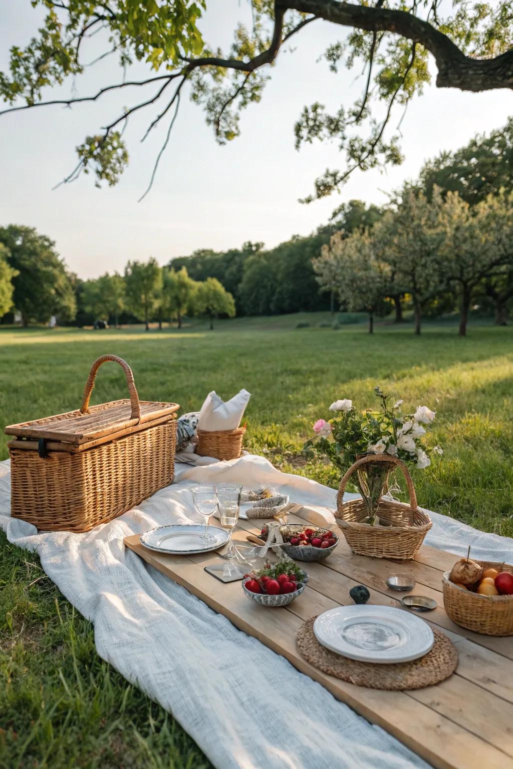 Outdoor picnic with a natural-toned cheesecloth runner.