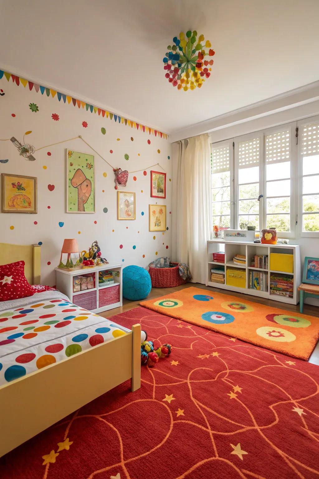 A children's bedroom with a bold, brightly colored carpet that energizes the space.