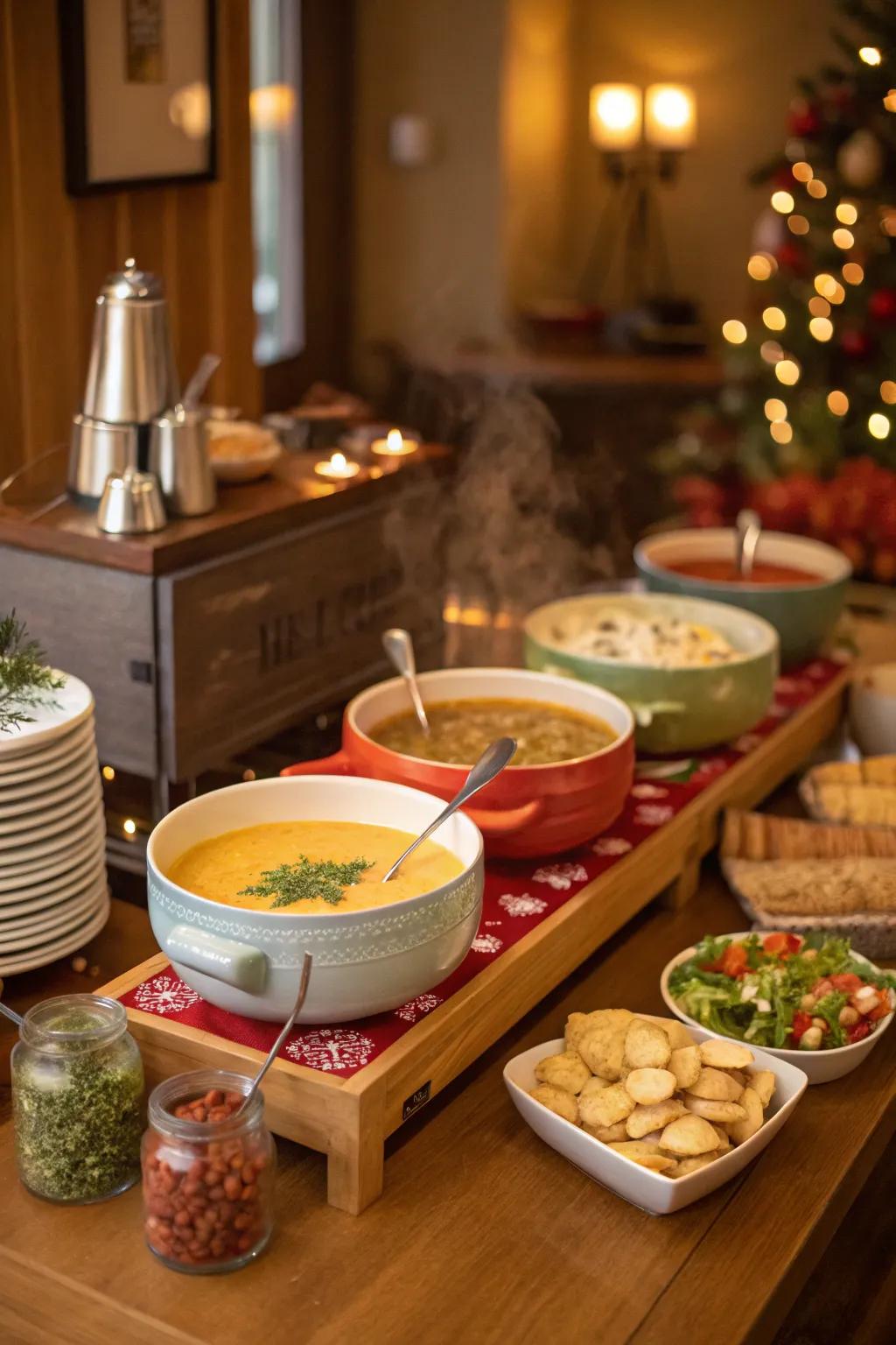 A warm soup station provides comfort and warmth on a chilly evening.