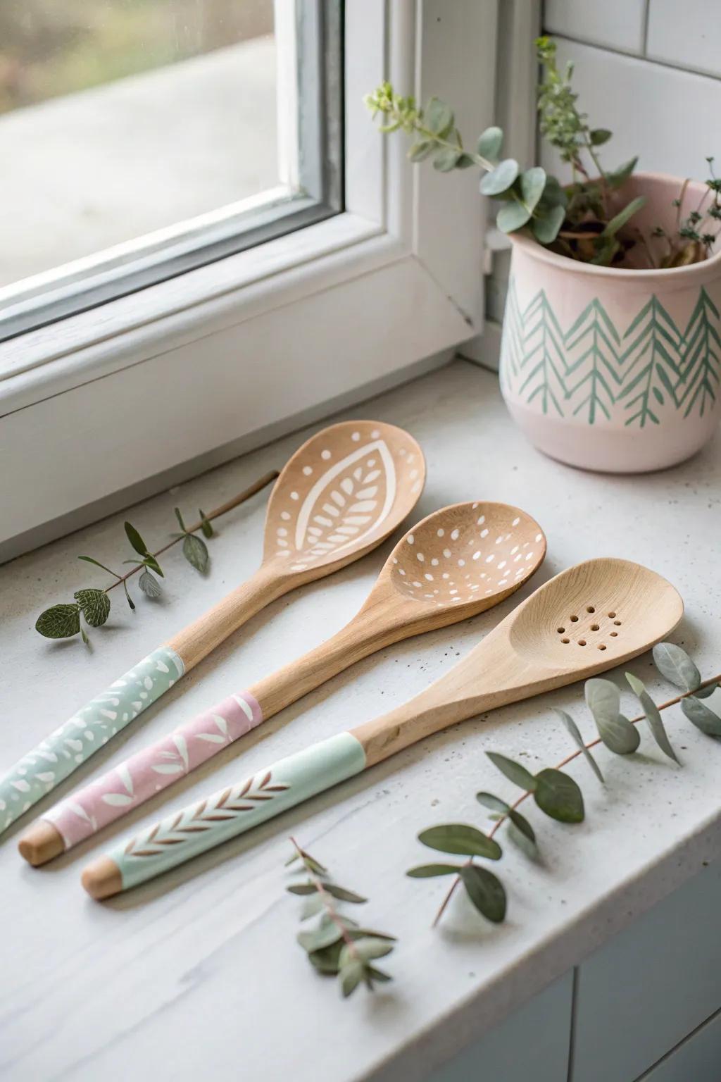 Add a splash of color to your kitchen with these charming hand-painted wooden spoons, perfect for a thoughtful holiday gift.