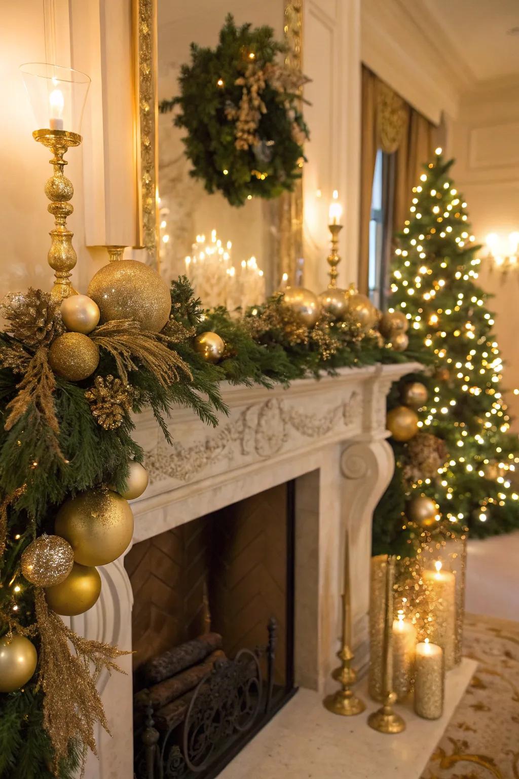 An opulent gold Christmas mantel.