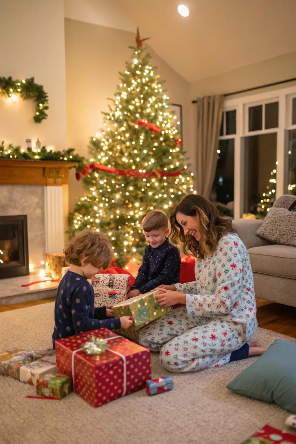 The joy of gift unwrapping captured in a candid Christmas morning scene.