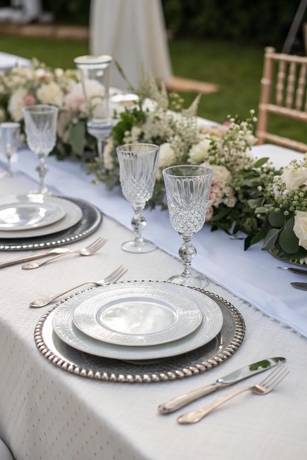 A sparkling silver and white table setting with elegant details.