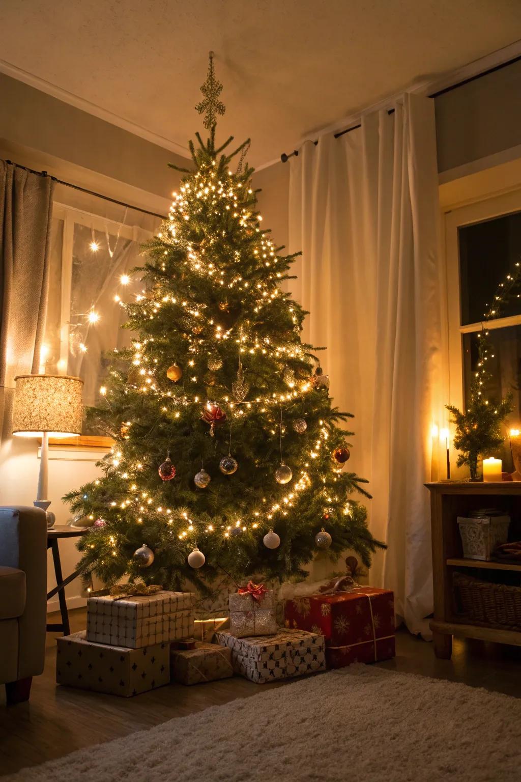 An enchanting Christmas tree with fairy light garlands