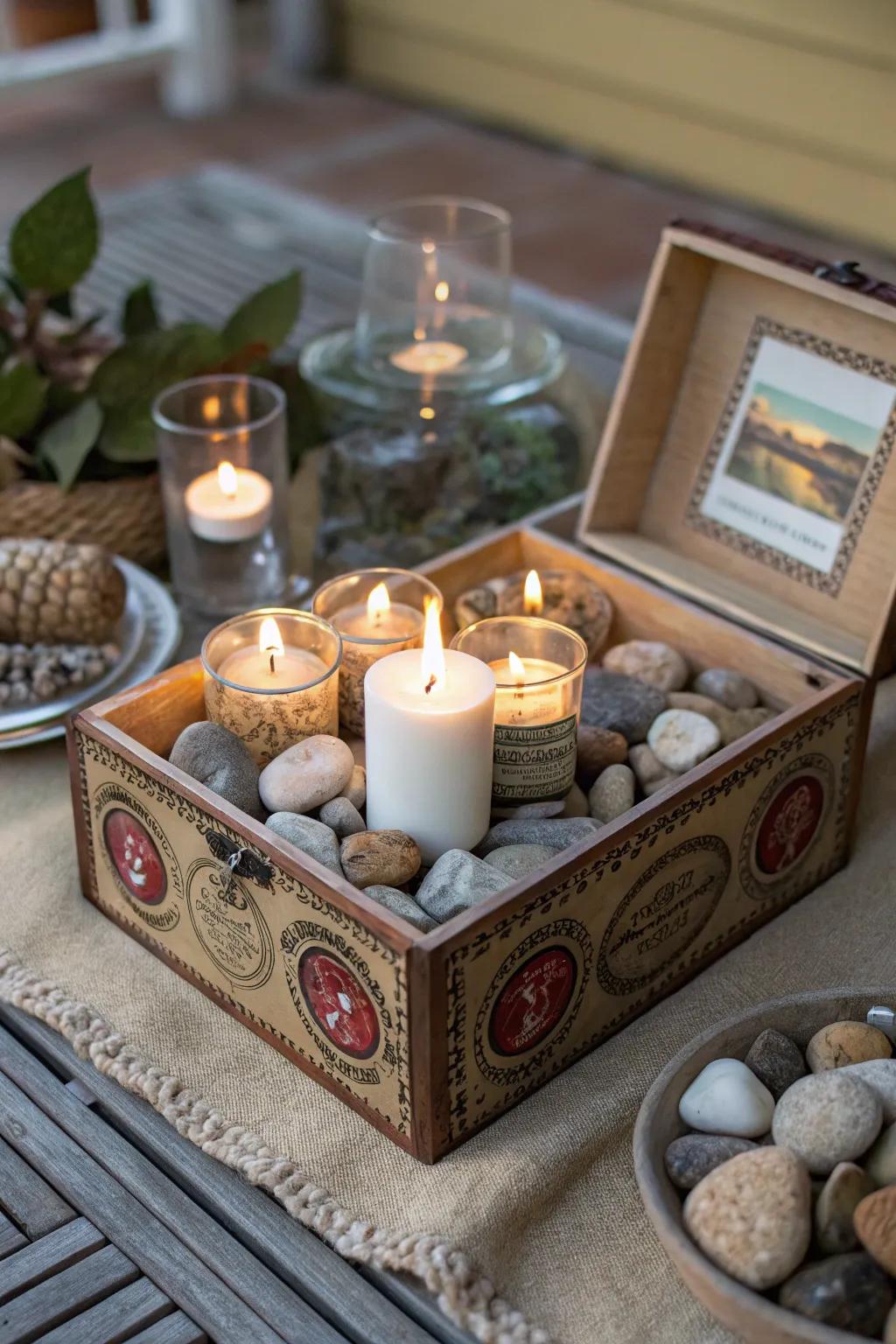 A cozy candle holder from a cigar box adds warmth to your home.