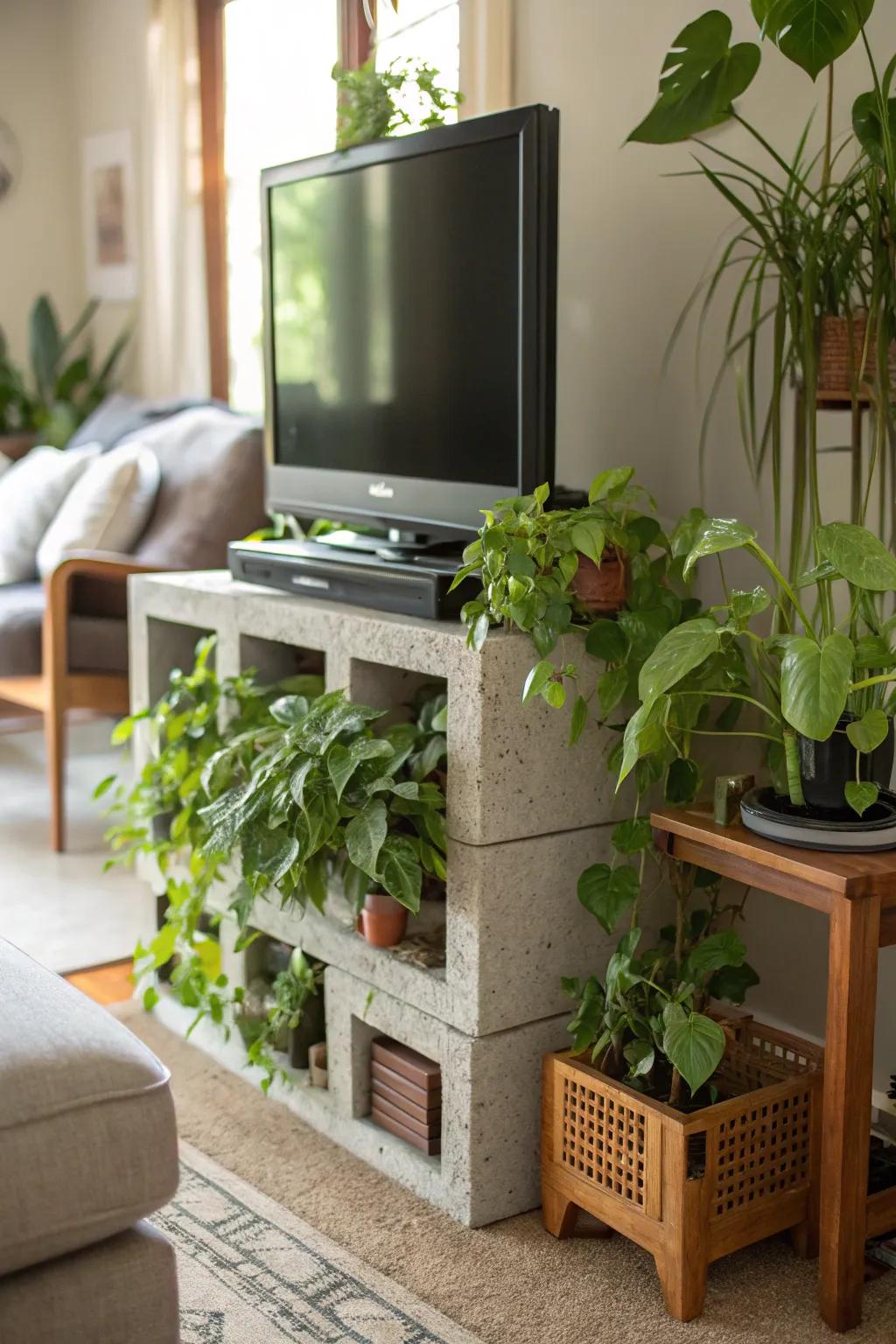 Natural elements soften the industrial look of this cinder block TV stand.