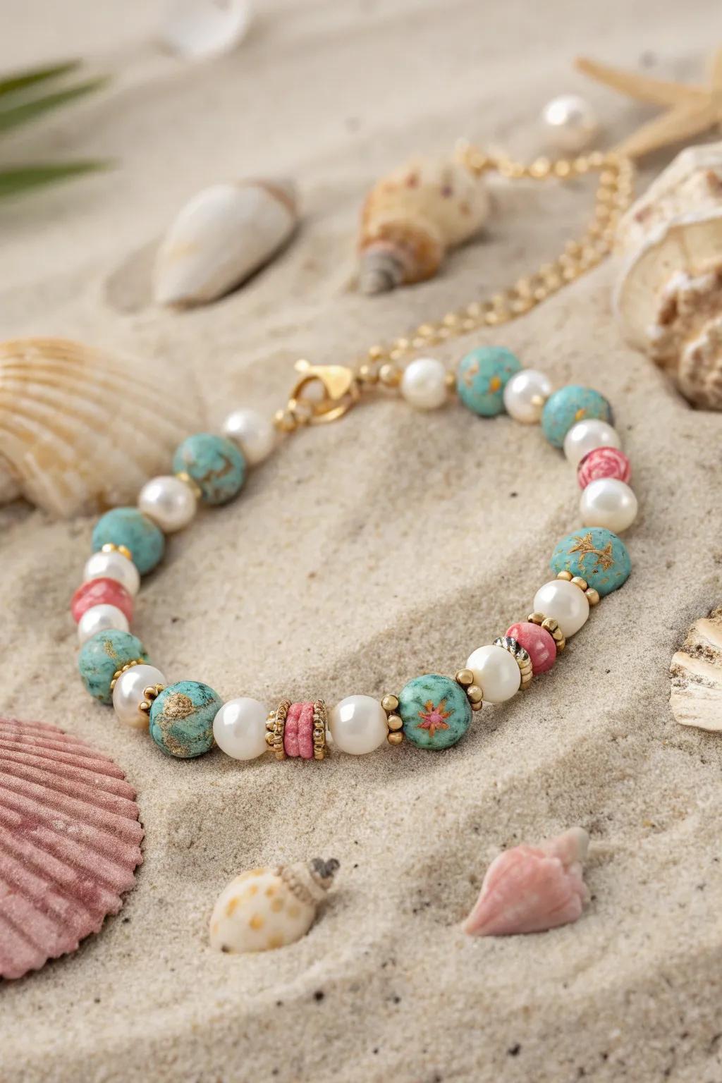 Ocean-inspired hues and pearls for a breezy, beachy look.