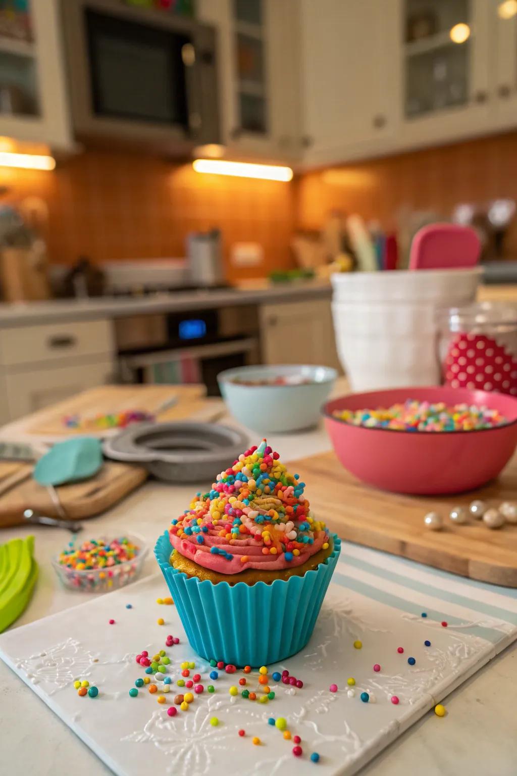 A rainbow sprinkle clay cupcake, full of color and happiness.