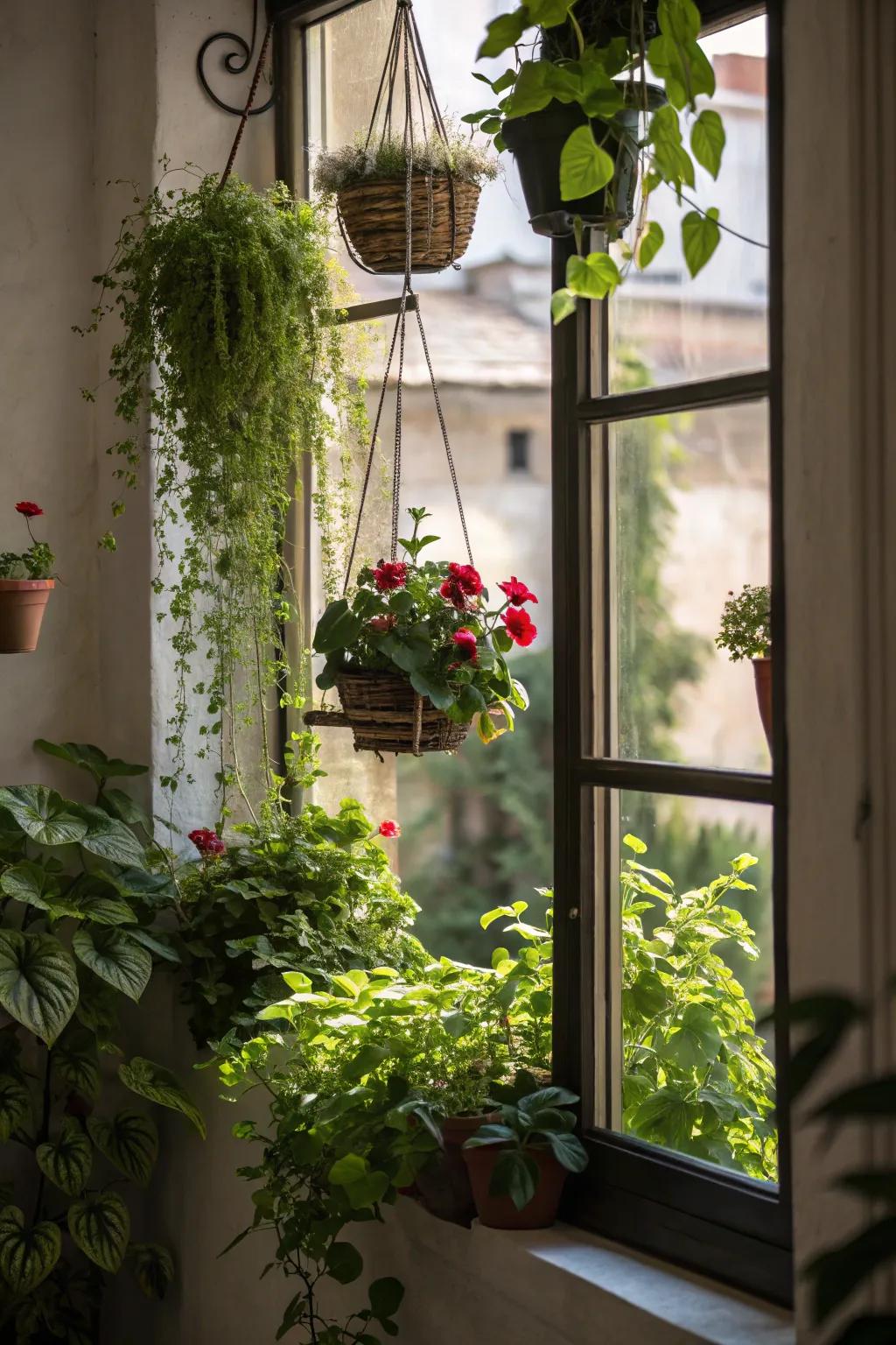 Varying heights of plants create an indoor jungle feel.