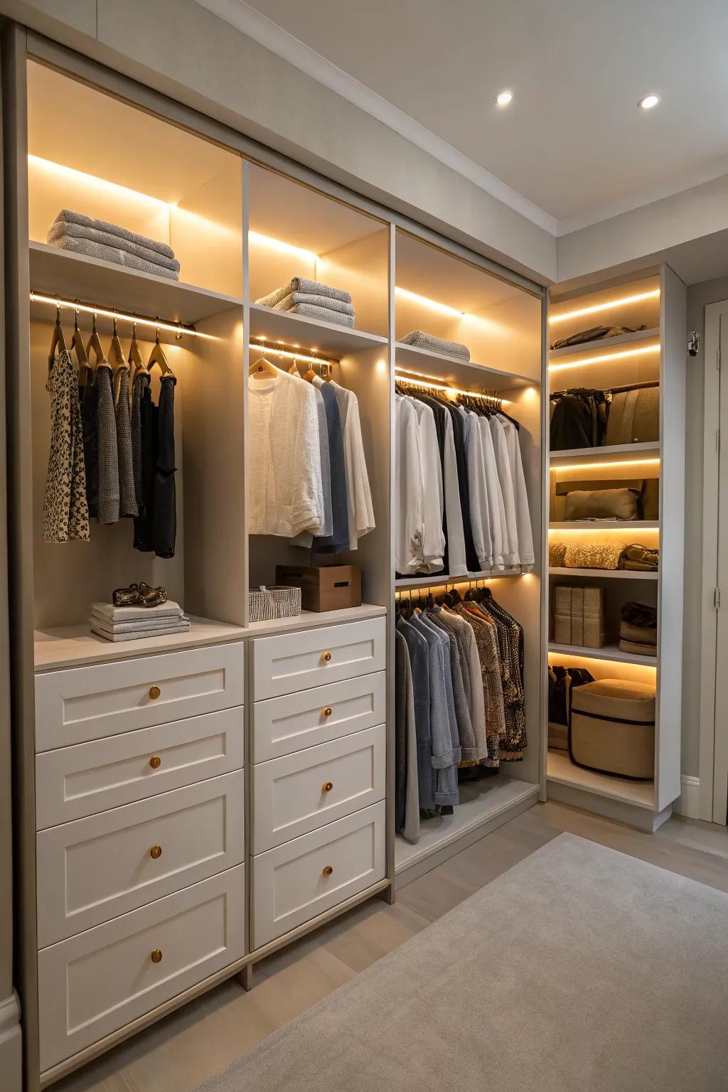 Integrated lighting in a dresser, creating a cozy closet atmosphere.