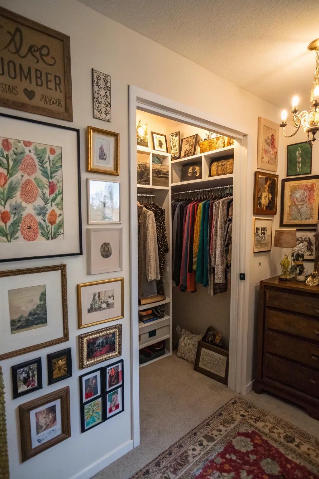 A closet featuring personal artwork and decor, adding character to the space.