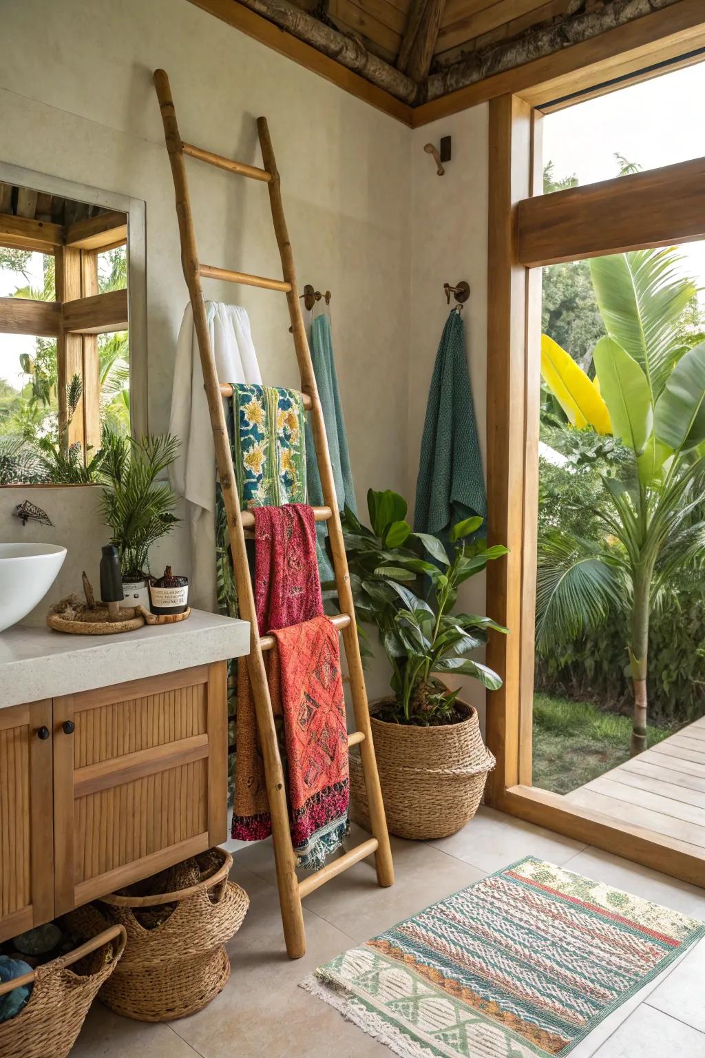 A bamboo ladder serving as a natural clothes rack.