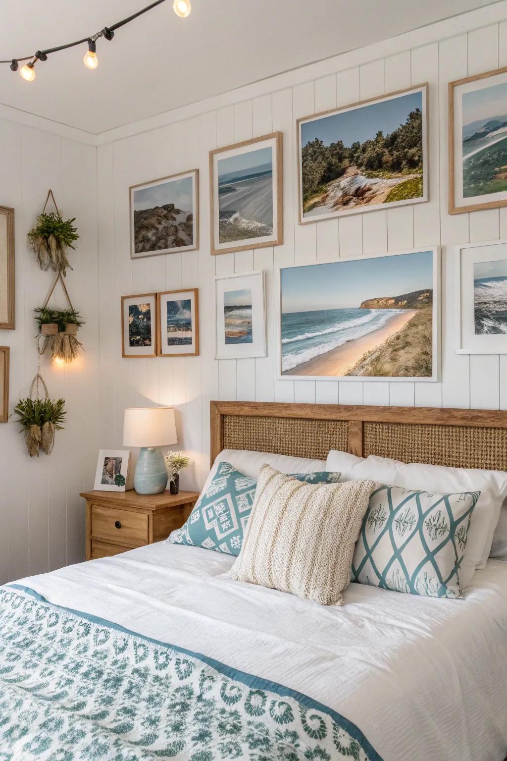 A gallery wall adds a personal touch with coastal flair.