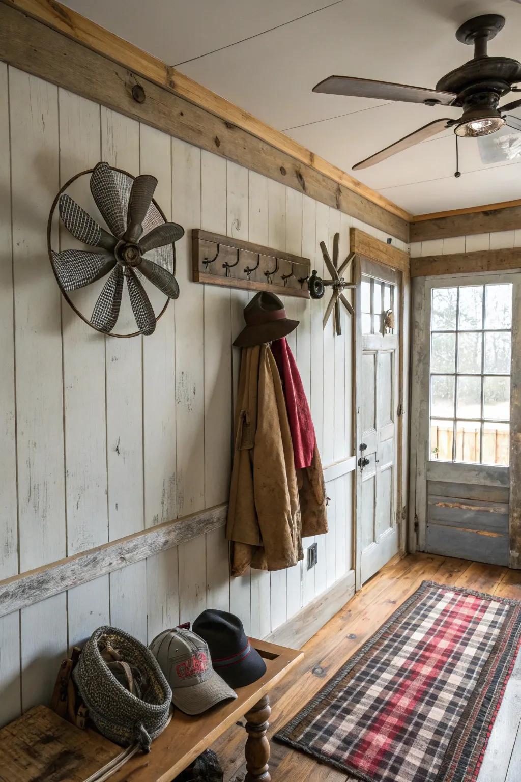 Bring rustic charm with ceiling fan blade hooks.