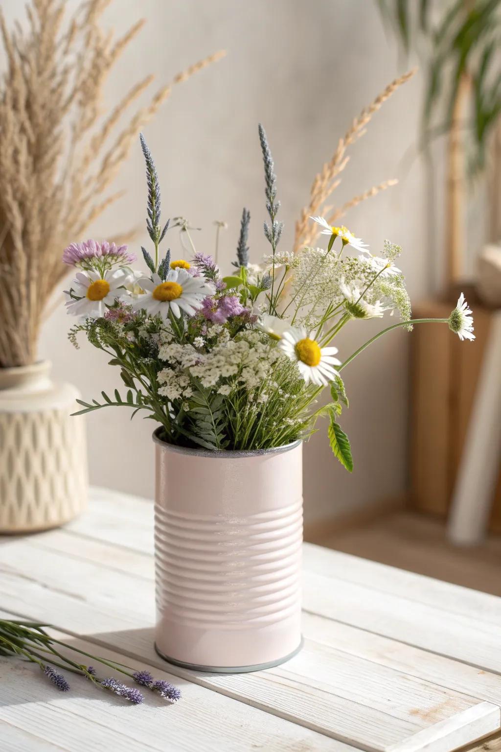 Transform a simple coffee can into a stunning minimalist vase with fresh blooms for a touch of natural beauty.
