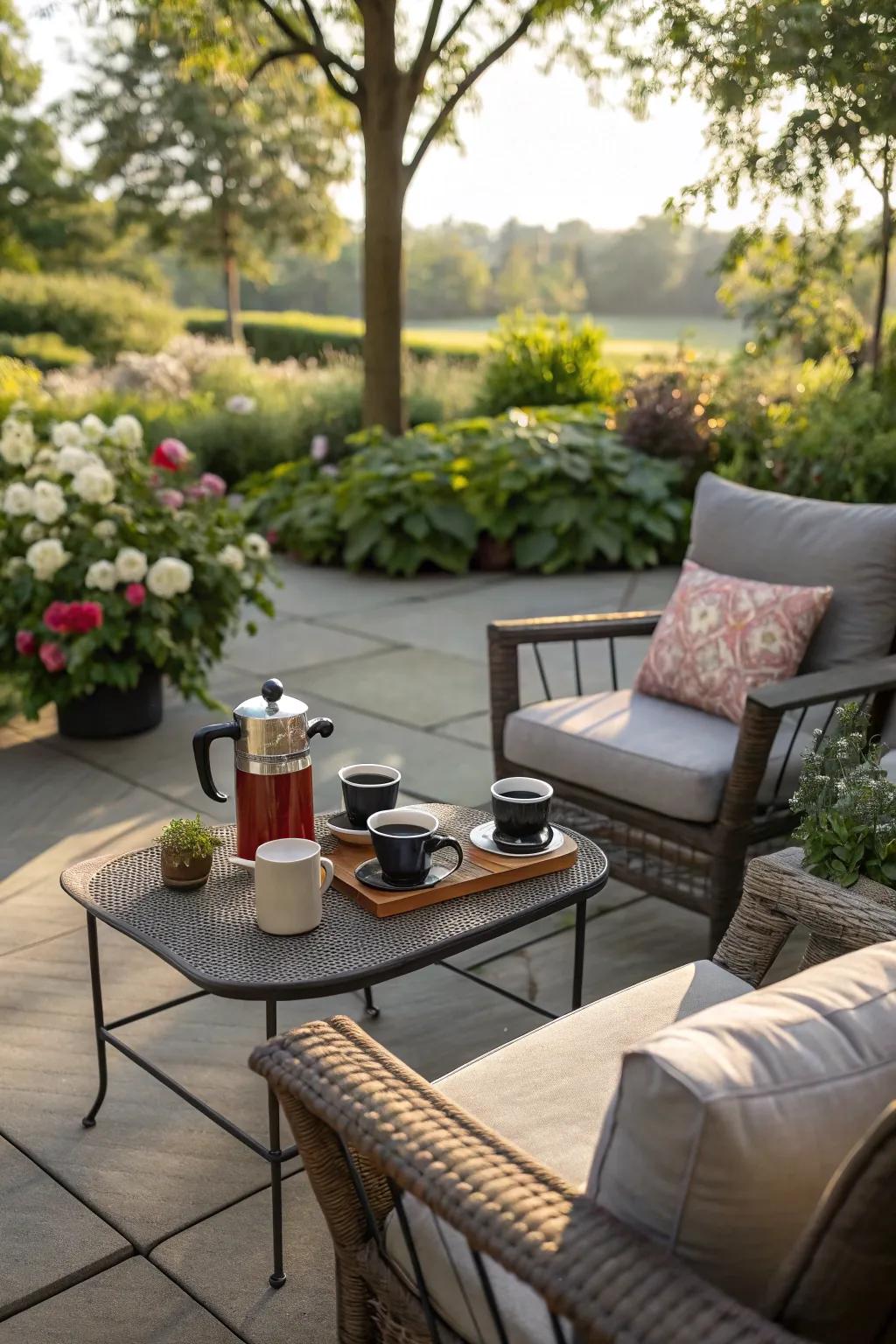 An idyllic outdoor coffee retreat, perfect for basking in the morning sun.