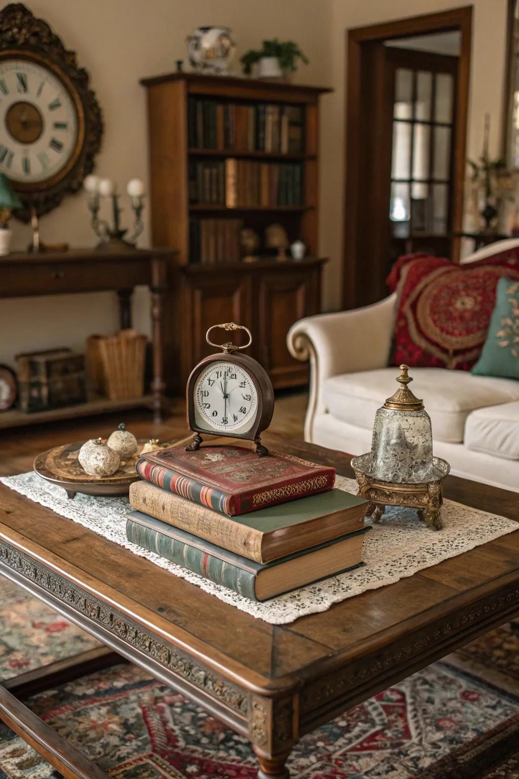 Vintage finds add unique character to the coffee table.