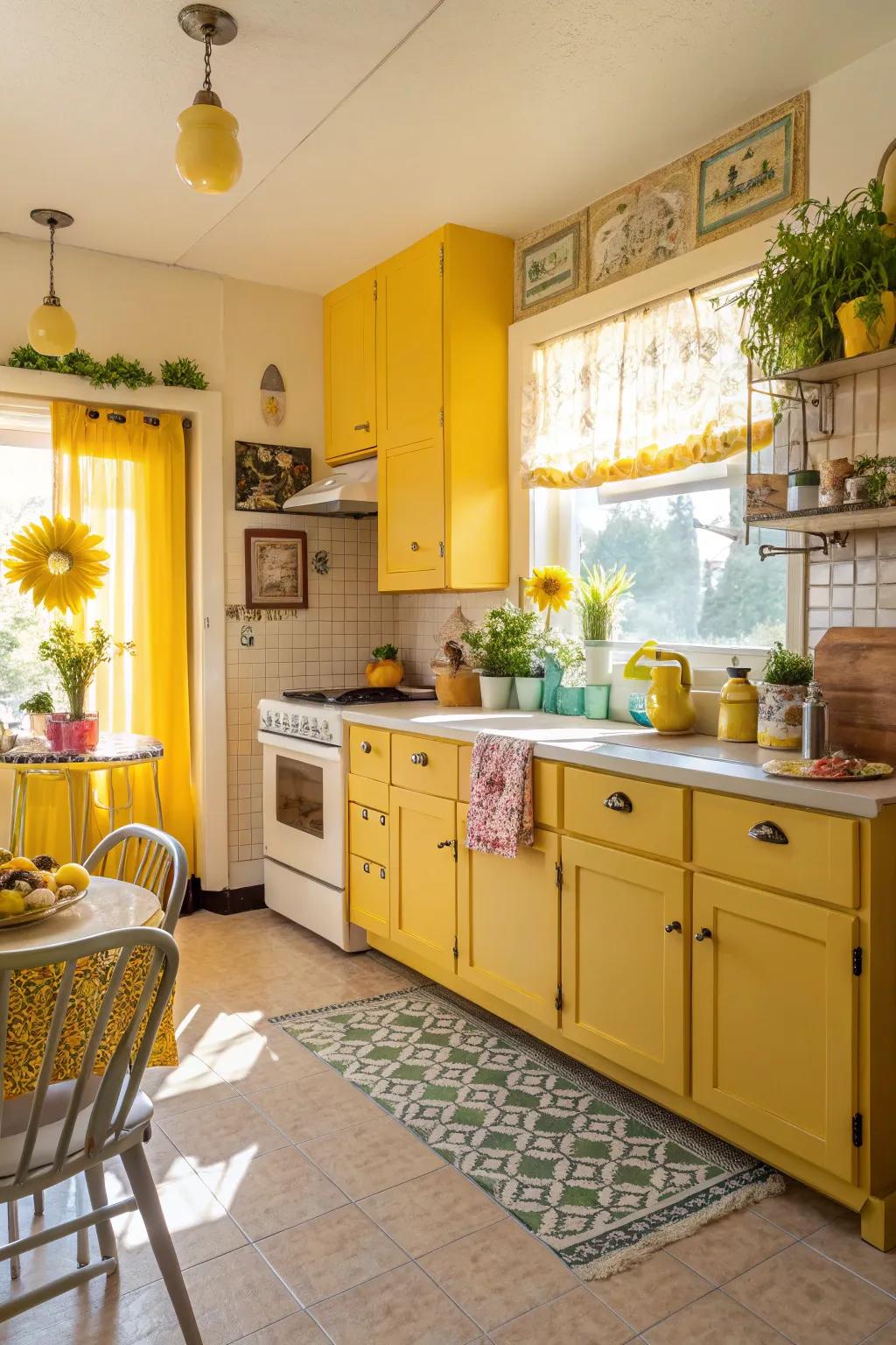 A lively kitchen featuring sunny yellow tones.