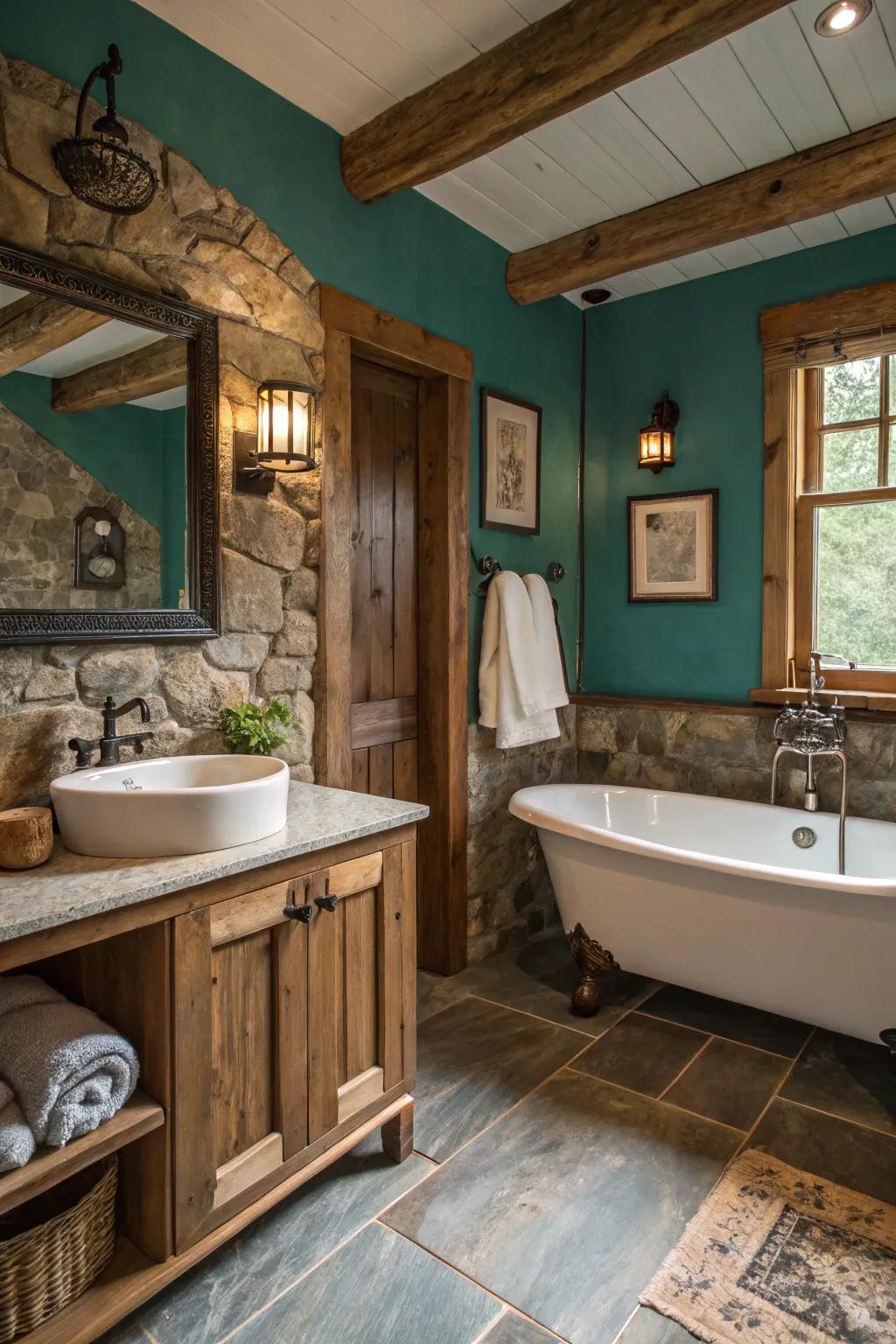 Blue-green adds a refreshing and adaptable touch, perfect for vintage-inspired bathrooms.