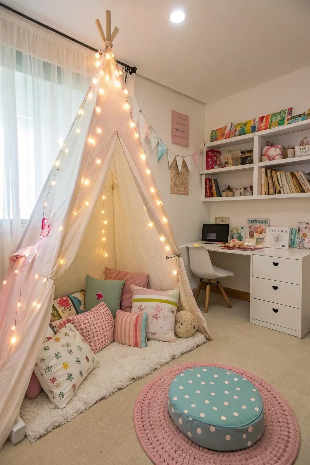 A cozy play corner with a tent and cushions encourages imaginative play in this girls' room.