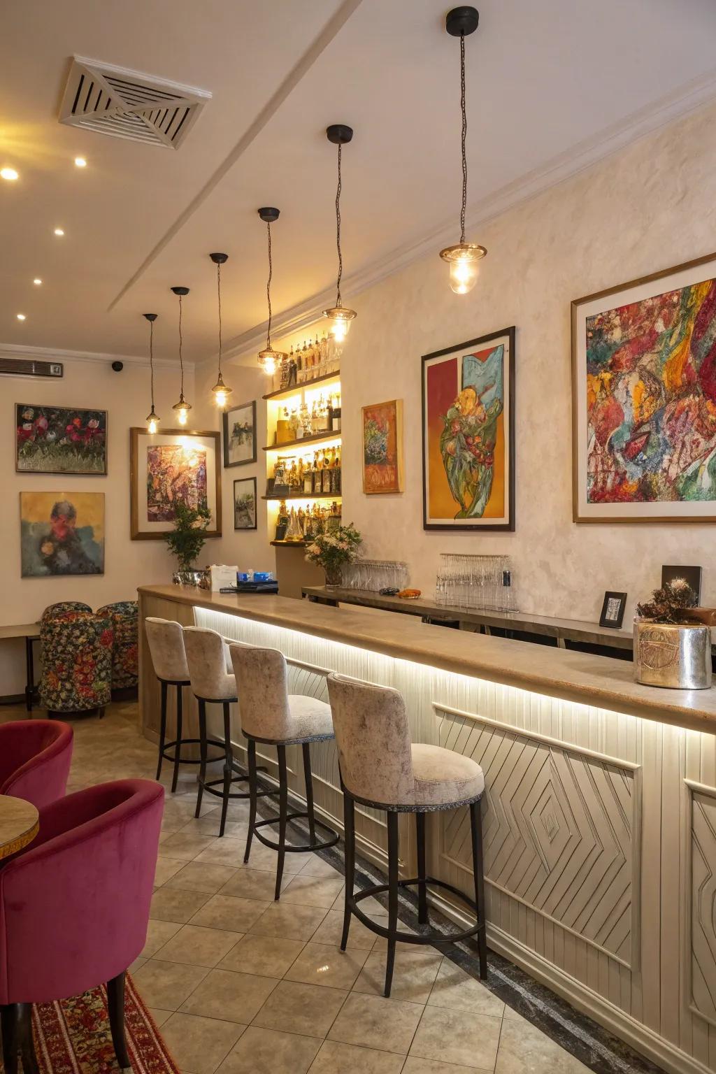 A salon bar adorned with colorful art pieces, creating a personal and inviting space.