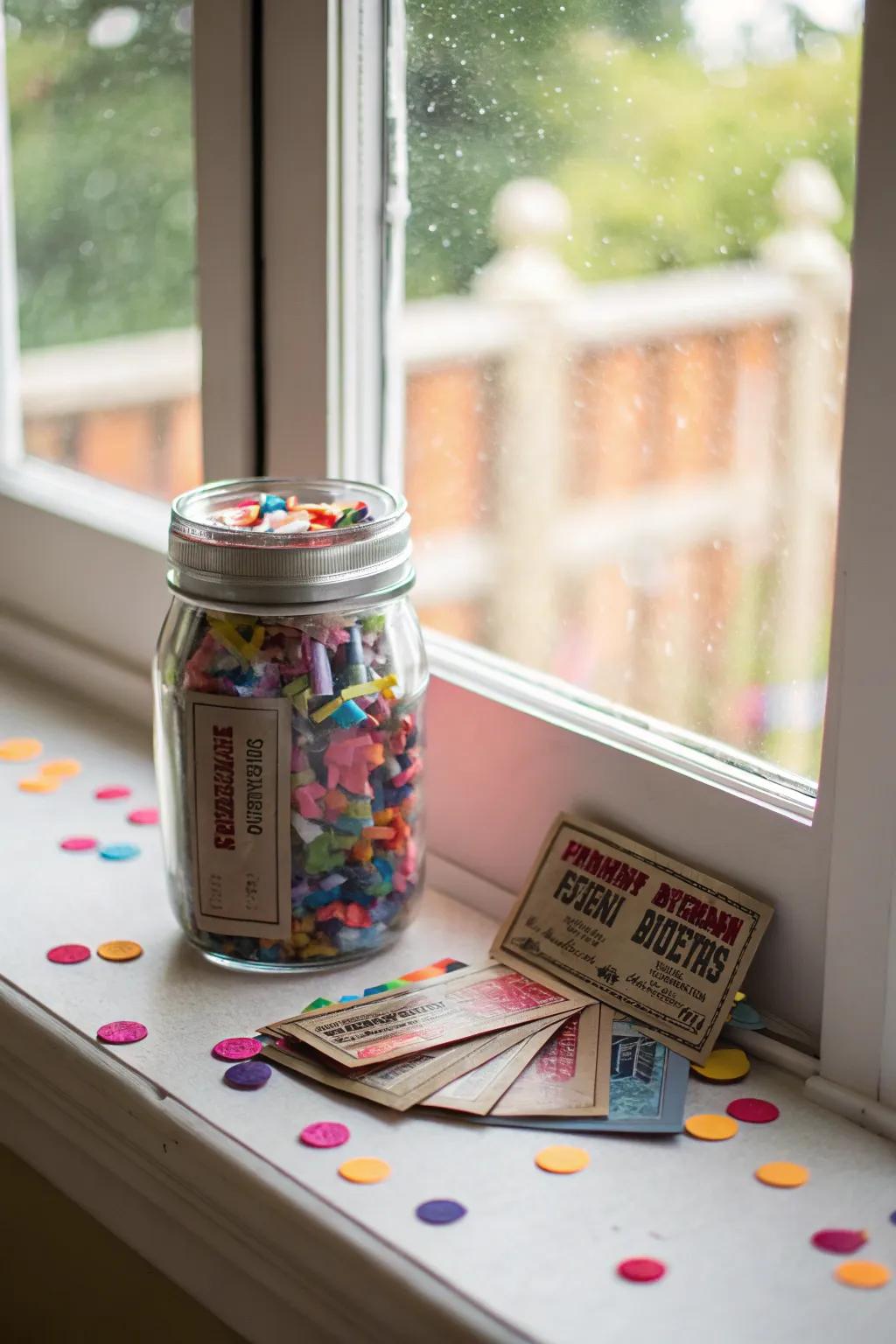 A jar filled with confetti and surprises, including concert tickets.