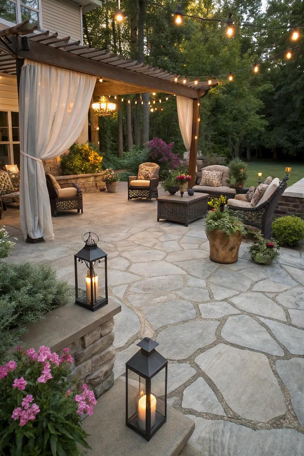 Stone overlays provide a beautiful and durable patio surface.