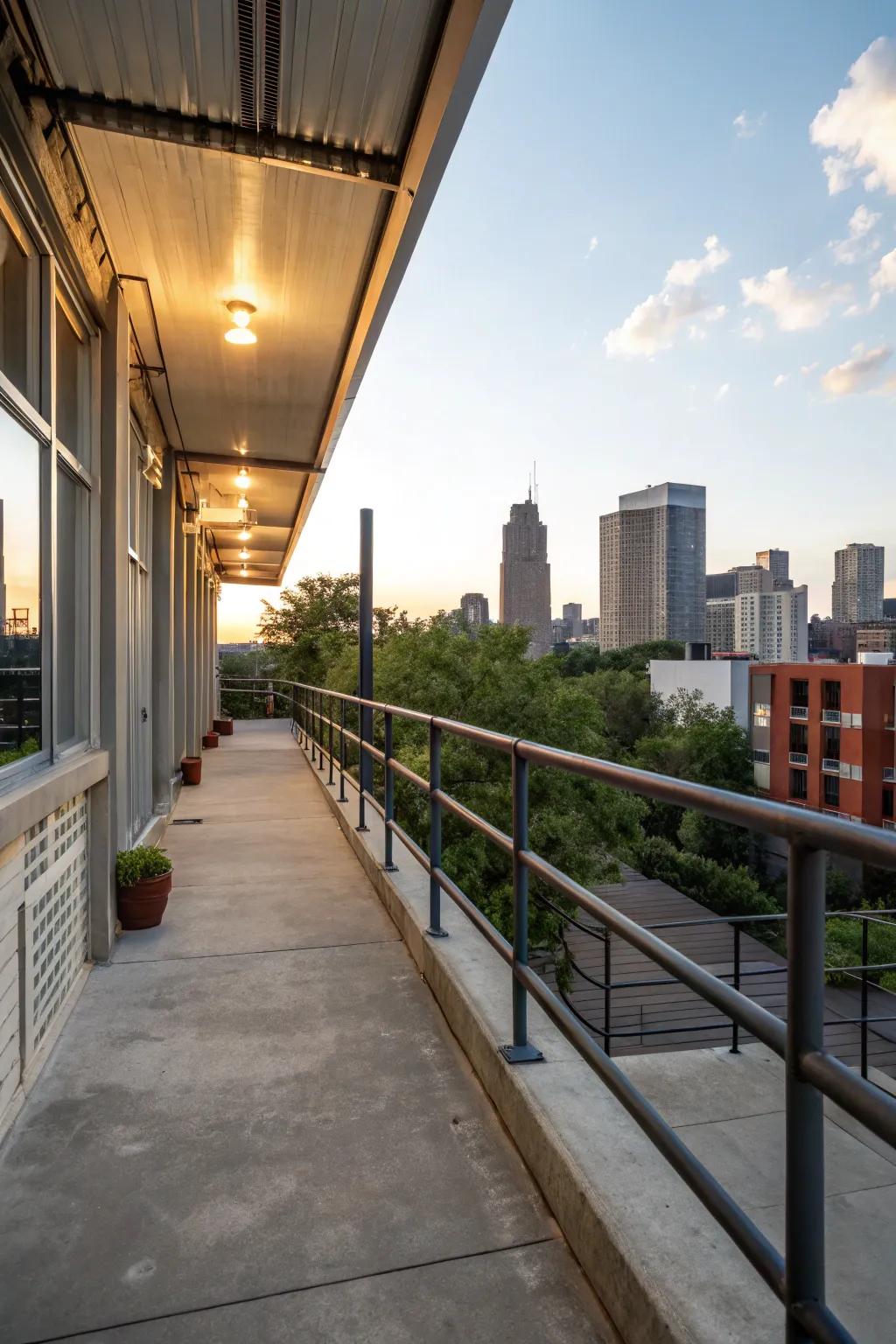 Industrial pipe railings add an edgy, urban touch to concrete patios.