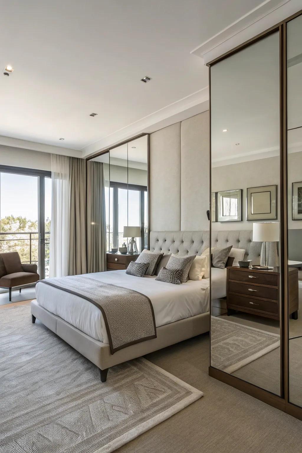 Mirrors enhance light and create a sense of space in a bedroom.