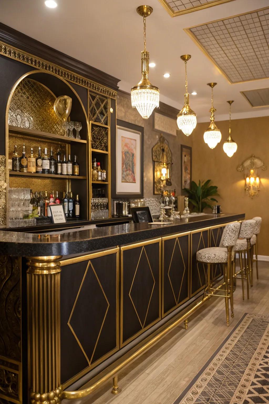 A glamorous retro home bar with gold and vintage elements.